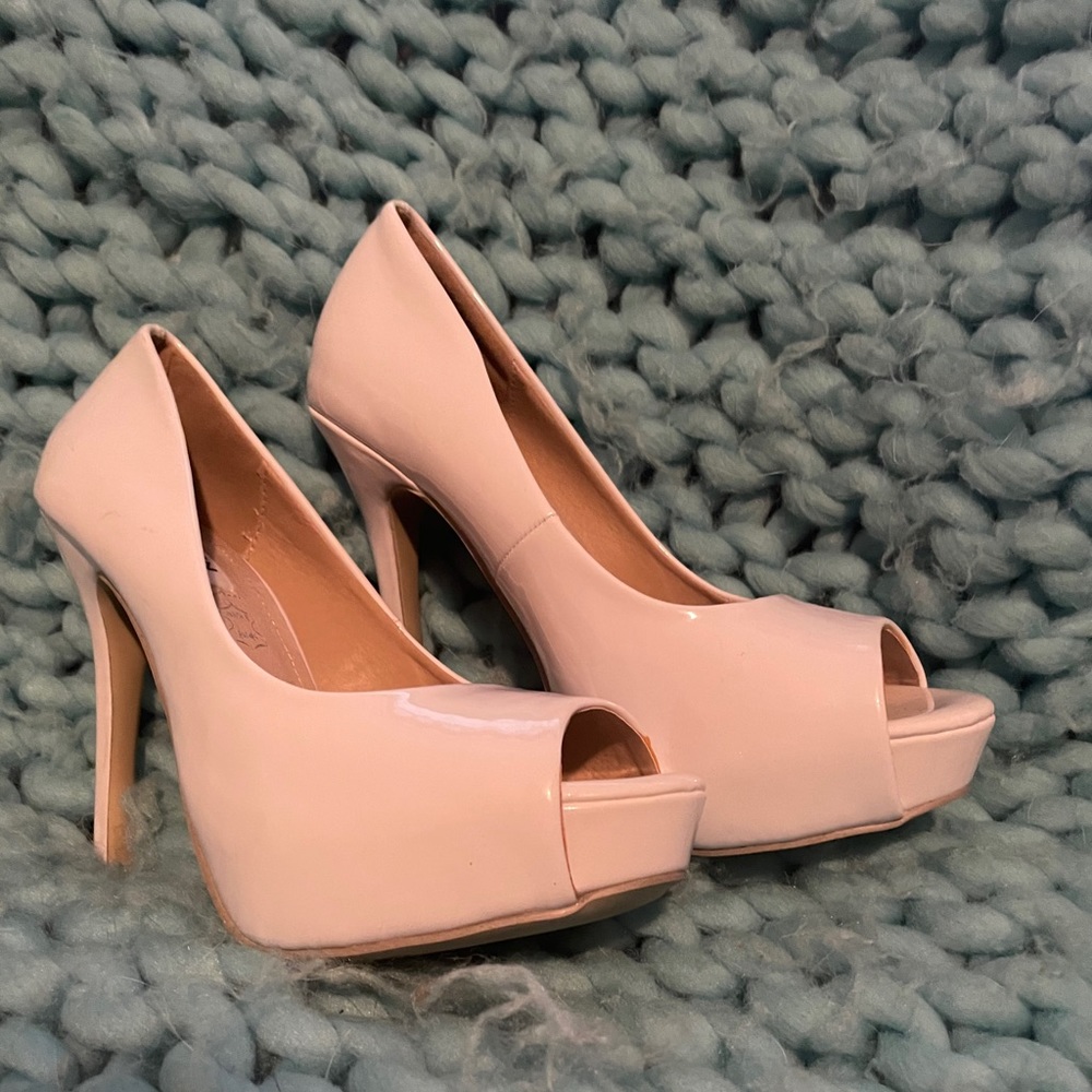 White Patent Leather Peep Toe Pumps